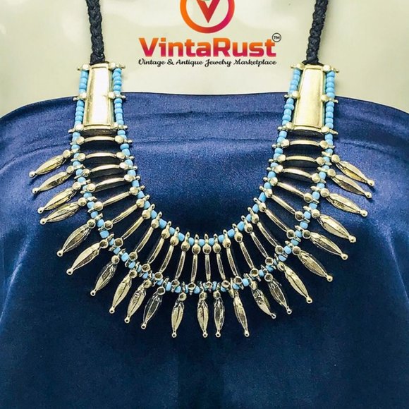 Afghan Ethnic Jewelry Set, Handmade Necklace With Earrings, Silver Metal Spikes - Picture 2 of 8